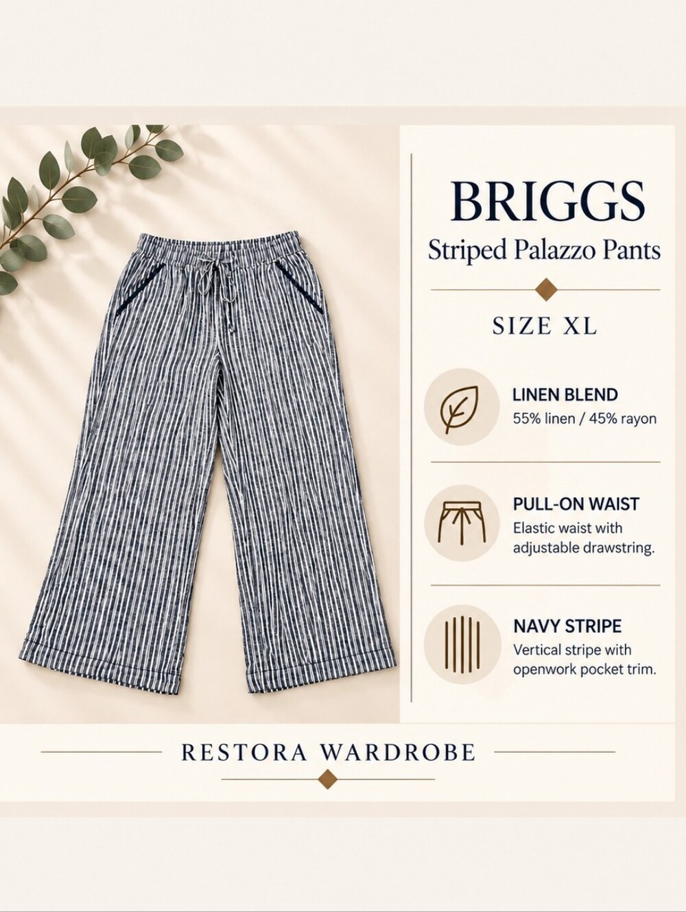 Briggs Palazzo Pants Navy Stripe Linen Blend Pull On Size XL Coastal